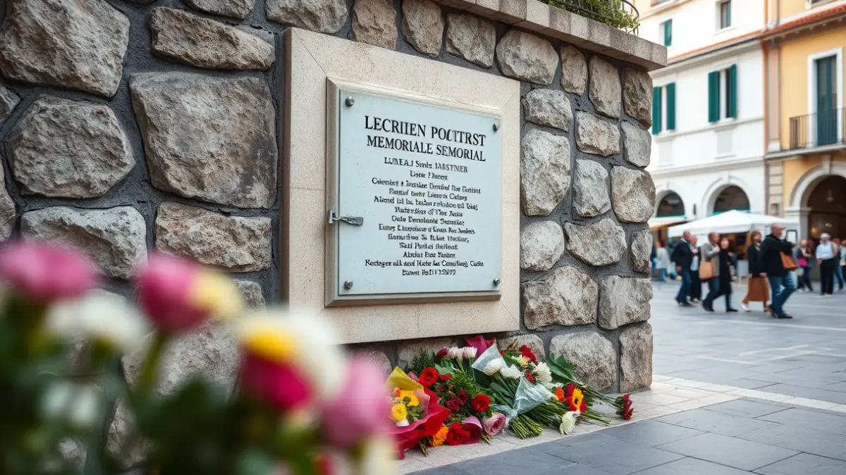 Imagen de una placa conmemorativa en un muro de piedra, con flores en la base, en una plaza mediterránea.