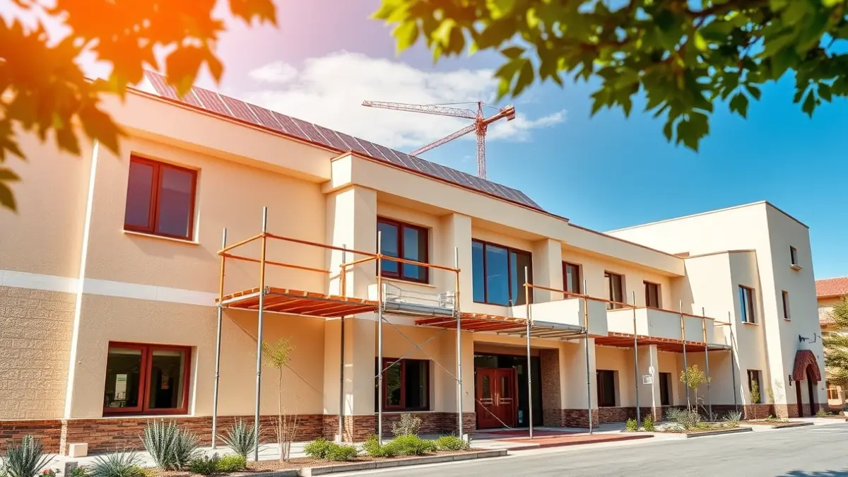 Imagen de un edificio escolar moderno con paneles solares y andamios, en un día soleado.