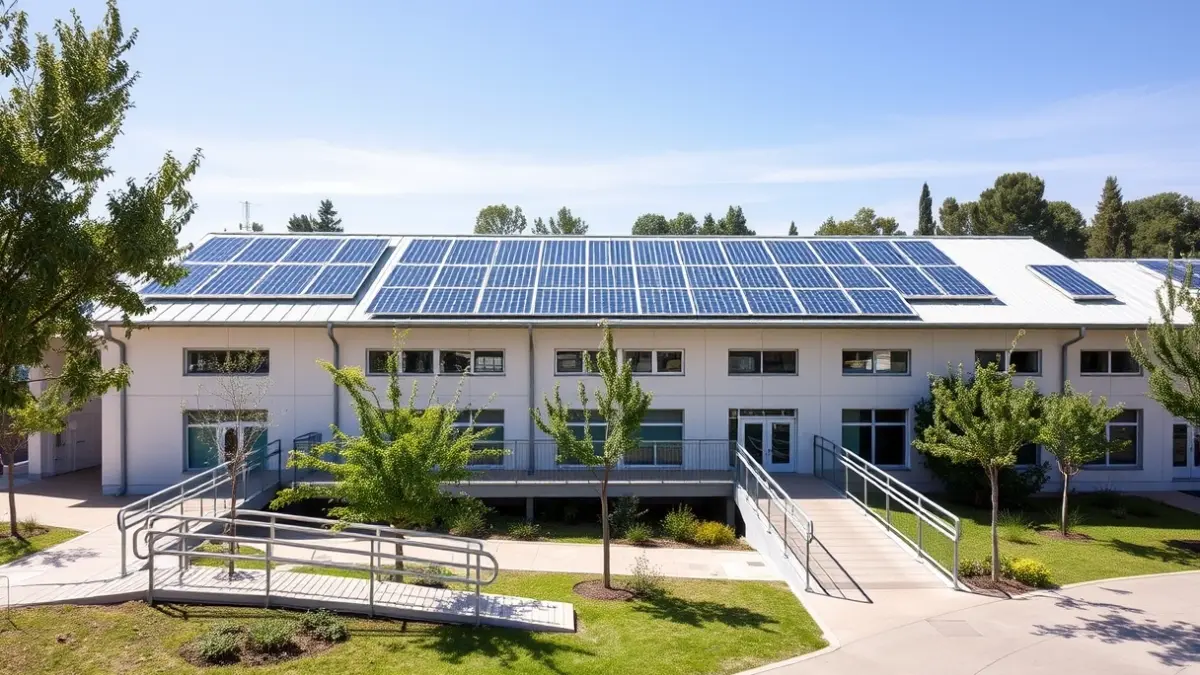 Imagen de un edificio escolar modernizado con paneles solares y rampas de acceso, en un entorno verde.