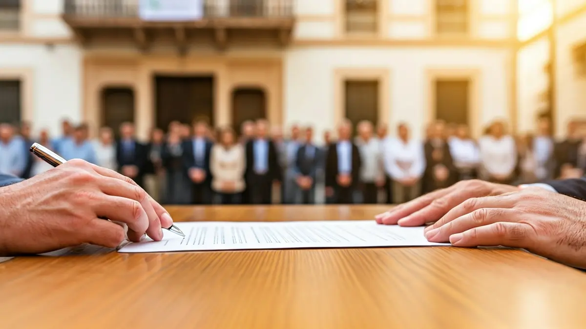 Imatge d'unes mans firmant un document, amb l'ajuntament de fons, simbolitzant acords oficials i iniciatives d'habitatge.