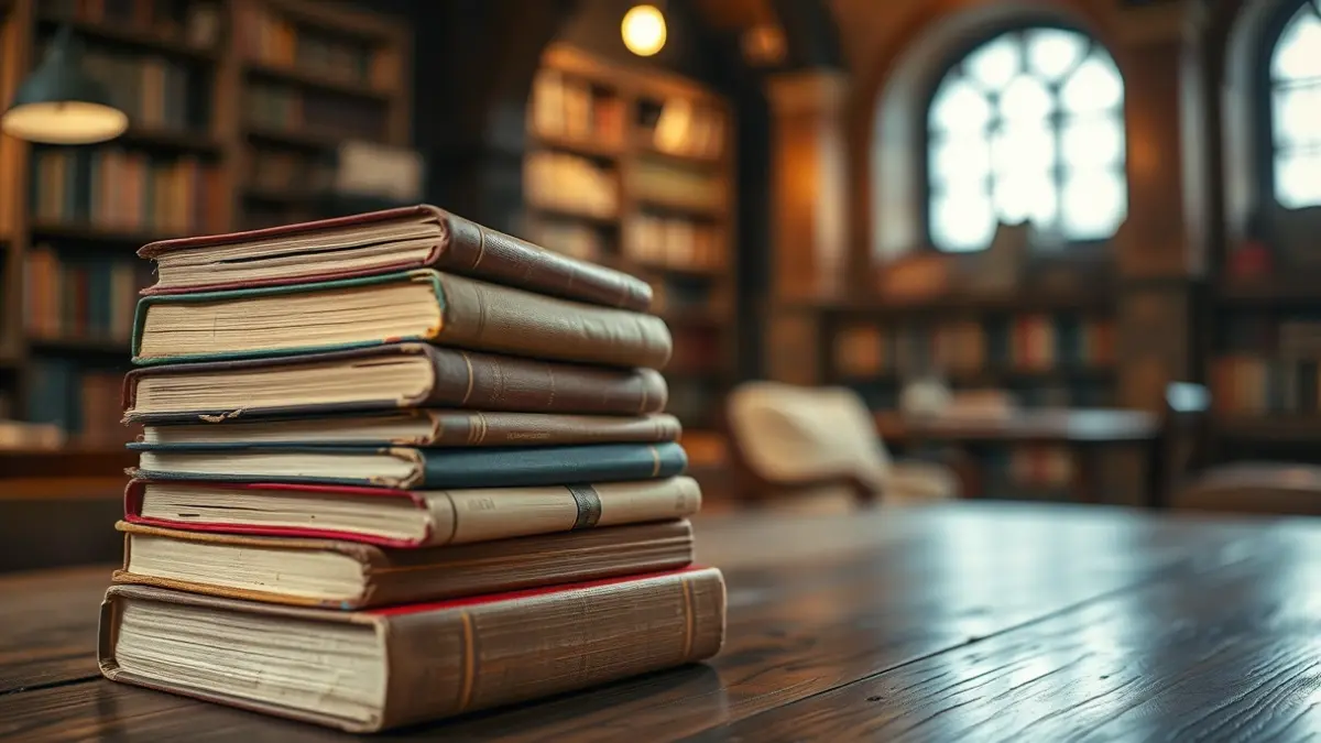 Imatge genèrica de llibres antics sobre una taula de fusta en una biblioteca.