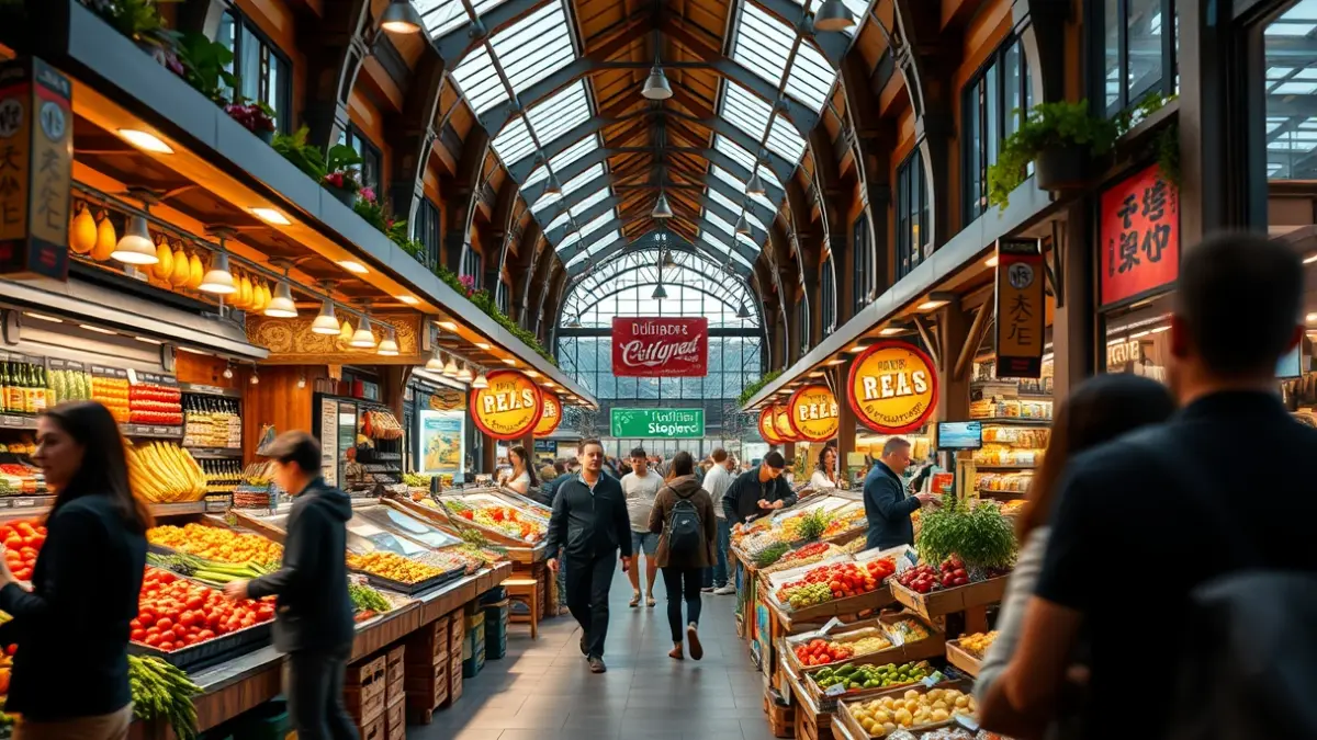 Imagen genérica de un mercado moderno con productos frescos y oferta gastronómica.