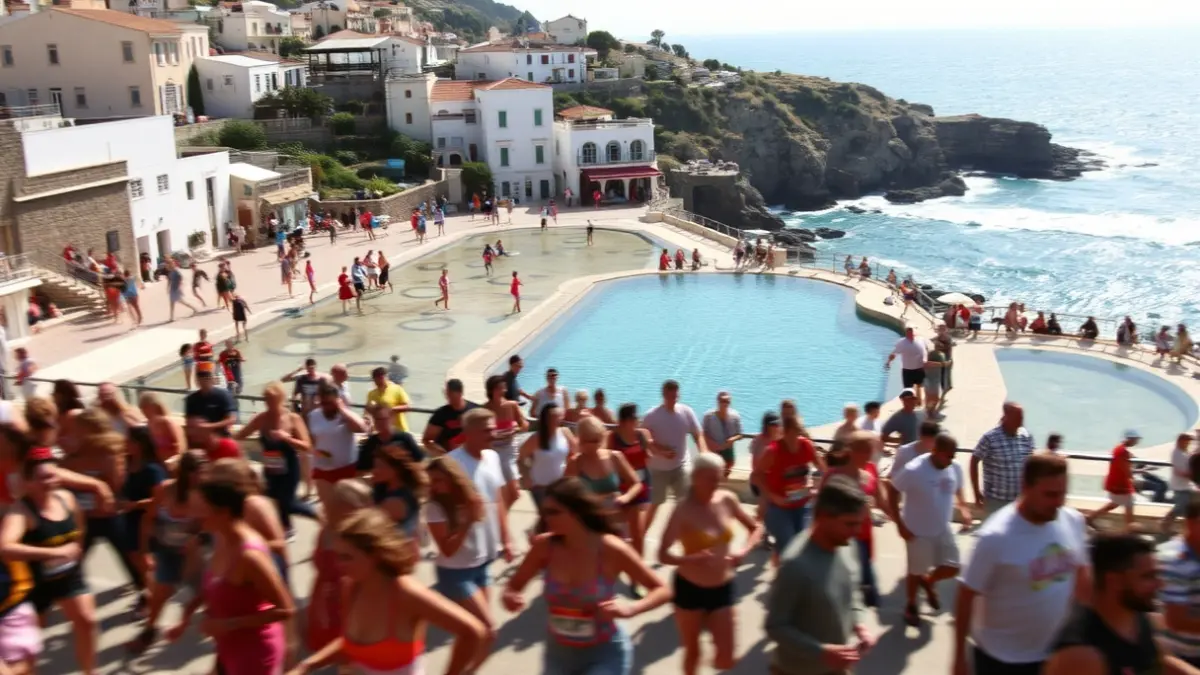 Imatge d'una marató de dansa en el passeig marítim de Torrevella, amb ballarins en moviment i les piscines naturals de fons.