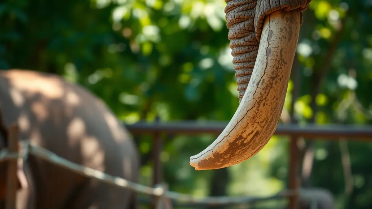 Image of an elephant's tusk in a natural setting, with green foliage in the background.