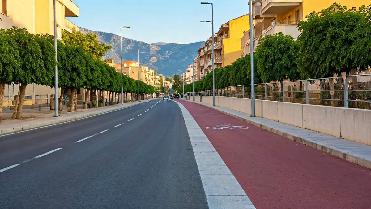 Imagen de un carril bici y aceras anchas en una carretera de Sueca, con farolas LED.