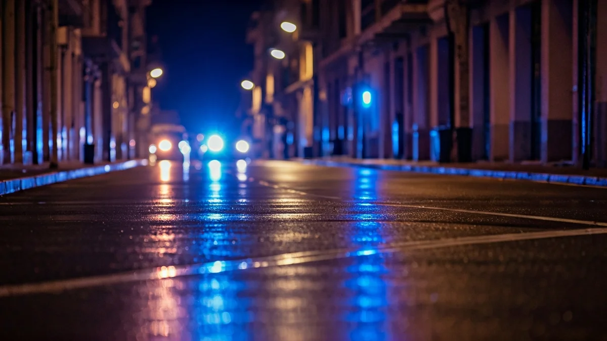 Imagen genérica de luces de emergencia reflejándose sobre asfalto mojado de noche.