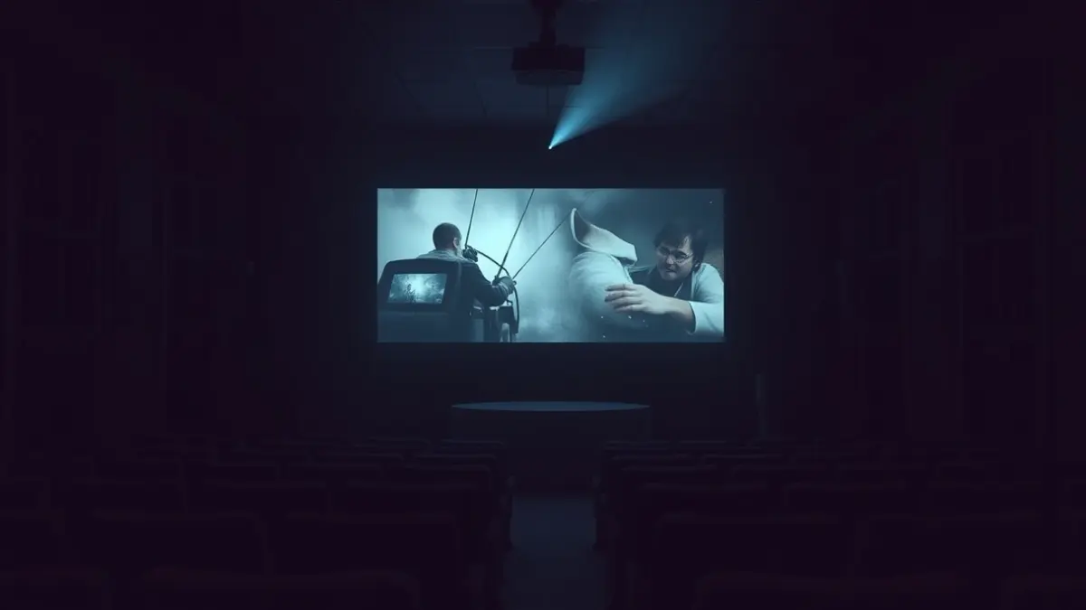 Imagen genérica de una sala de cine oscura con una pantalla grande y asientos vacíos.
