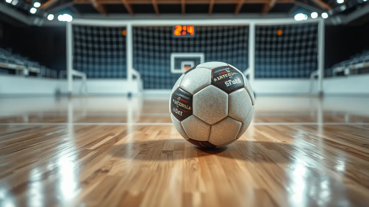 Imagen genérica de un balón de balonmano en una cancha, con la portería desenfocada al fondo.