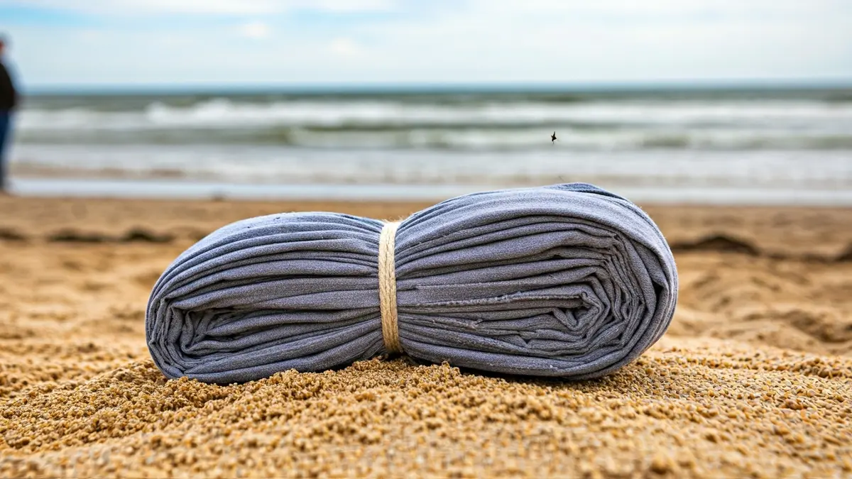 Image of a tied bundle on a beach, with flies and the sea in the background.