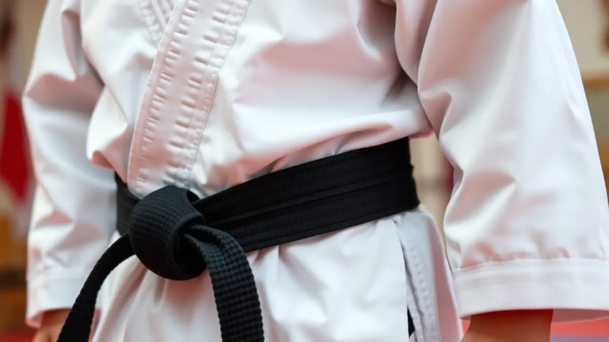 Imagen genérica de un uniforme de taekwondo con cinturón negro, en un dojo.