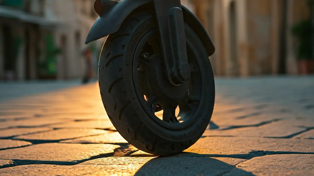 Generic image of an electric scooter wheel on a Mediterranean cobblestone street, with warm evening light.