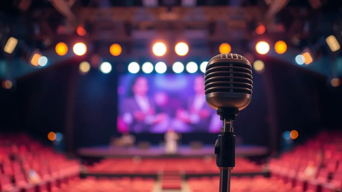 Generic image of a microphone on an empty stage with blurred concert lights.