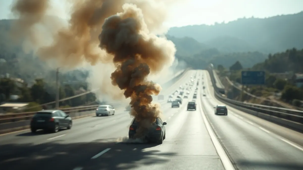 Image of a car burning on an A-3 highway bridge in Valencia, with a visible smoke plume.