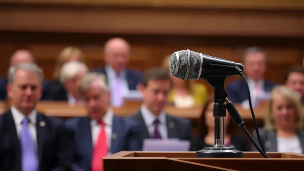 Generic image of a microphone on a podium in a parliamentary setting, with blurred figures in the background.