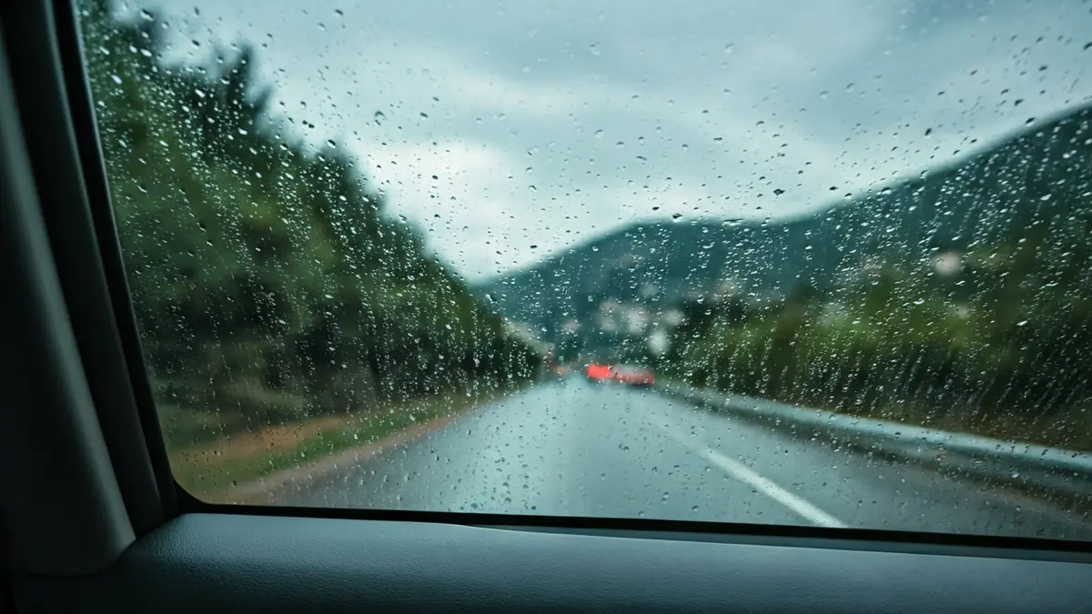 Imagen genérica del interior de un vehículo con lluvia en el cristal, sugiriendo un viaje durante una tormenta.