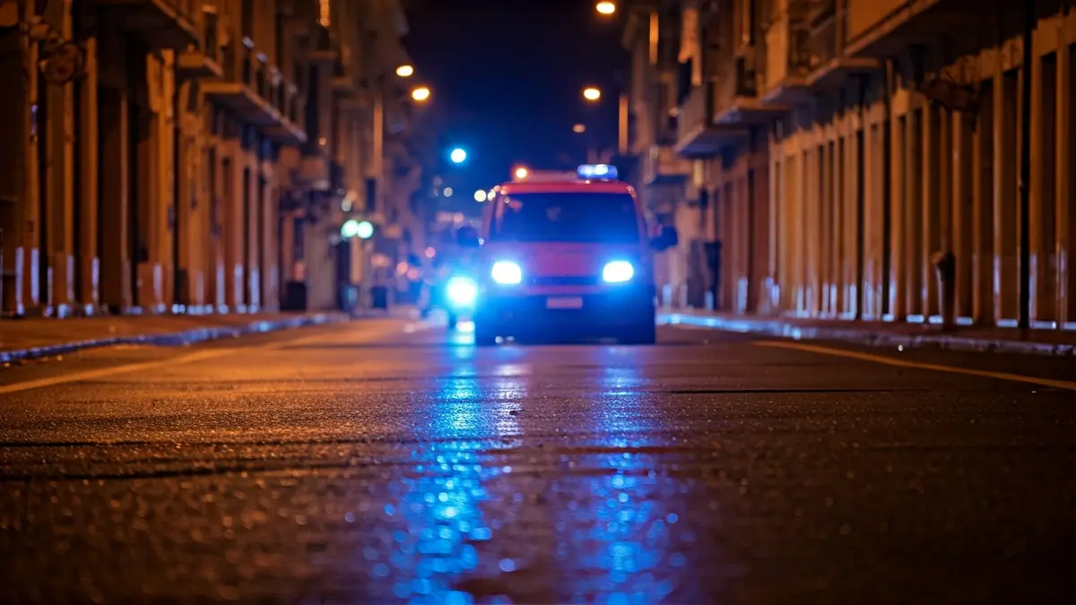 Imagen genérica de luces de emergencia reflejándose sobre asfalto mojado de noche.
