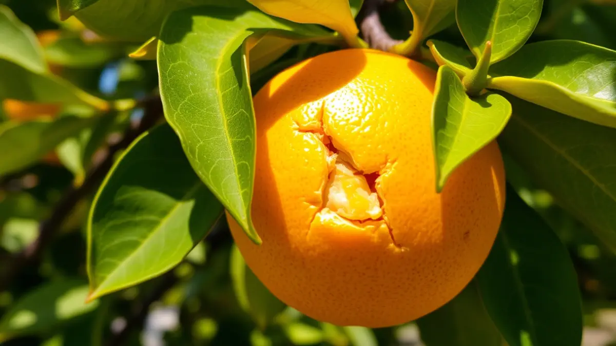Image of a citrus fruit with a crack on its skin, on a tree branch.