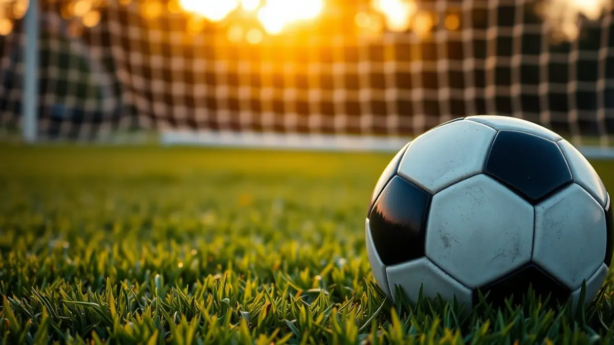 Imatge genèrica d'una pilota de futbol en la gespa, amb la porteria desenfocada al fons, sota la llum del capvespre.