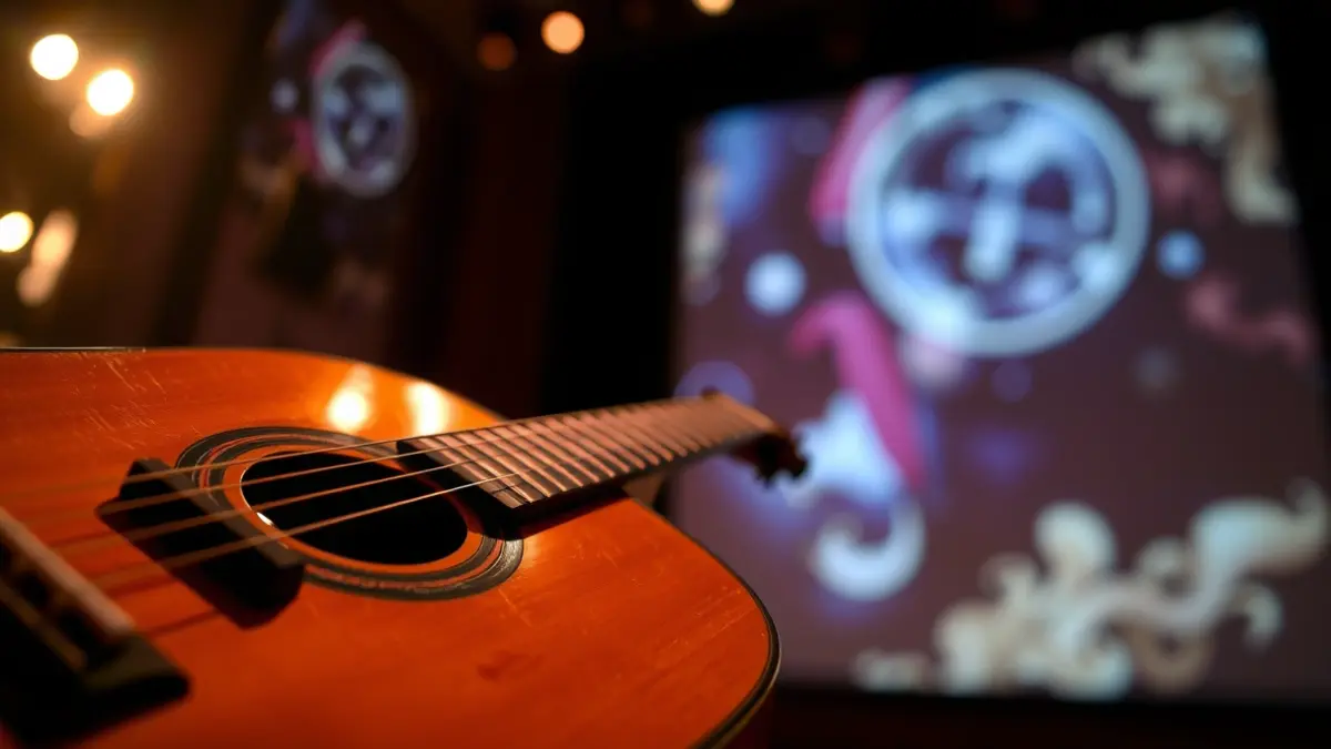 Imatge d'una guitarra clàssica en un escenari amb il·luminació teatral i projeccions visuals, creant una experiència immersiva.