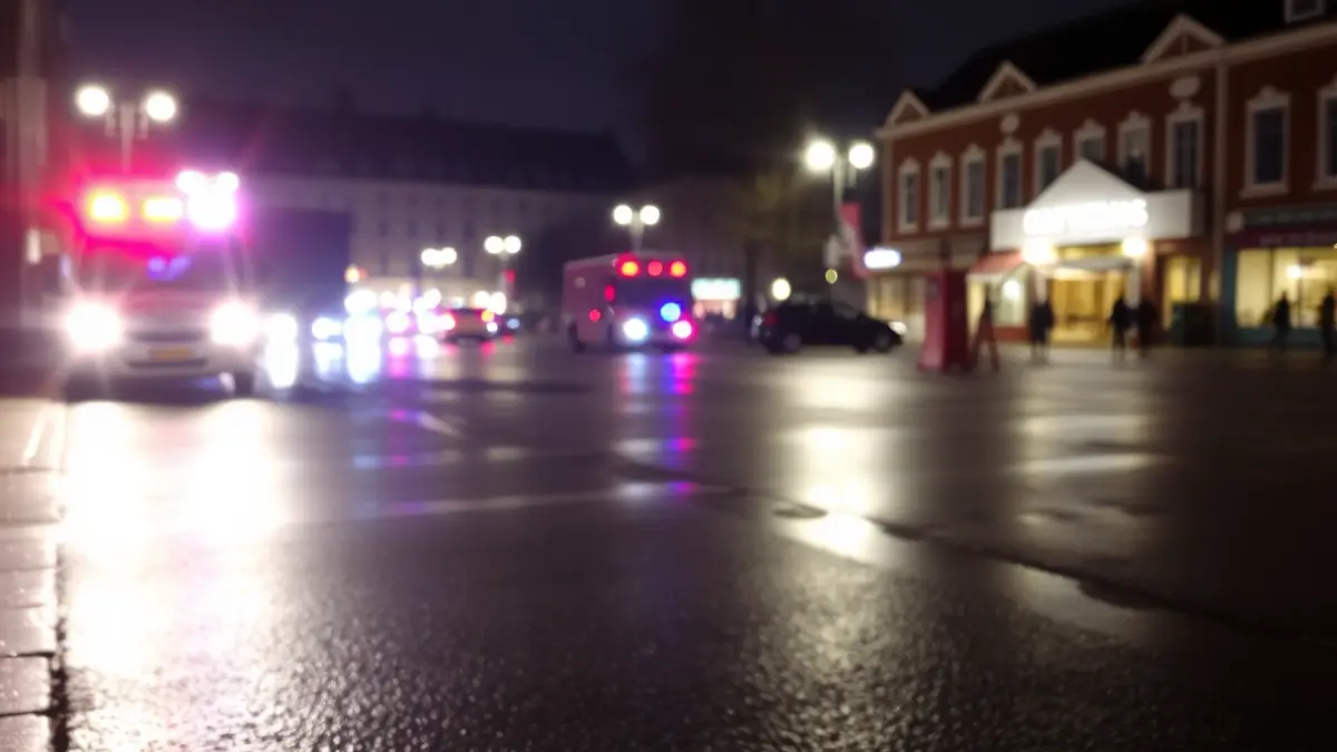 Generic image of emergency lights reflecting on wet asphalt in a town square.