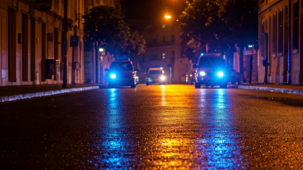 Imatge genèrica de llums d'emergència reflectint-se sobre l'asfalt mullat de nit.