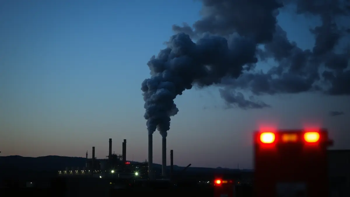 Imagen de una gran columna de humo saliendo de una planta de reciclaje en llamas, con luces de emergencia borrosas en primer plano.