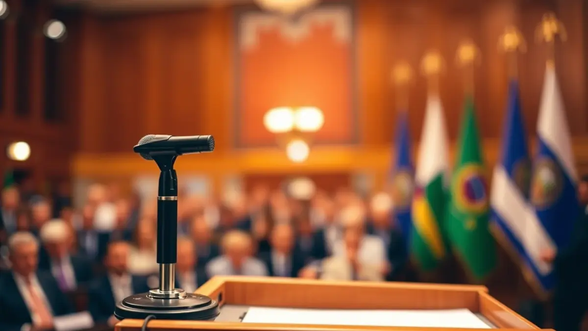 Generic image of a microphone on a podium, symbolizing a political event or meeting.