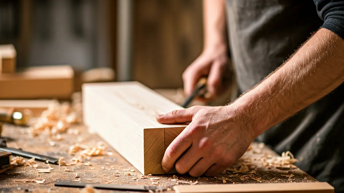 Imagen de unas manos de artesano trabajando la madera con herramientas tradicionales.