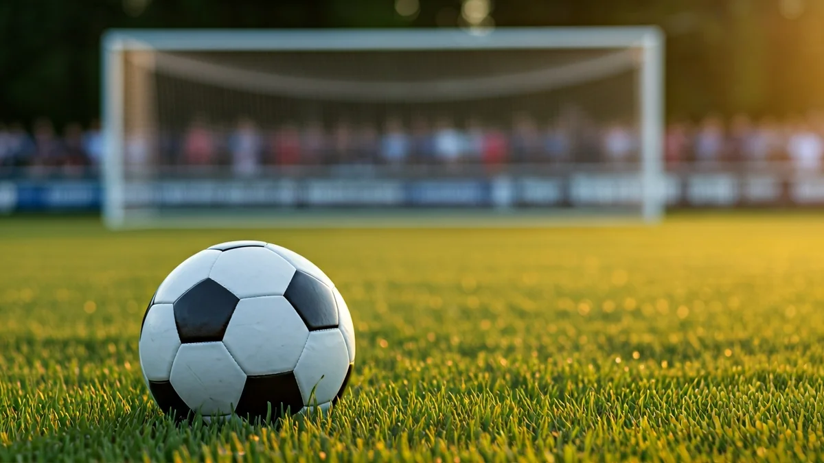 Generic image of a soccer ball on grass with a goal net in the background.