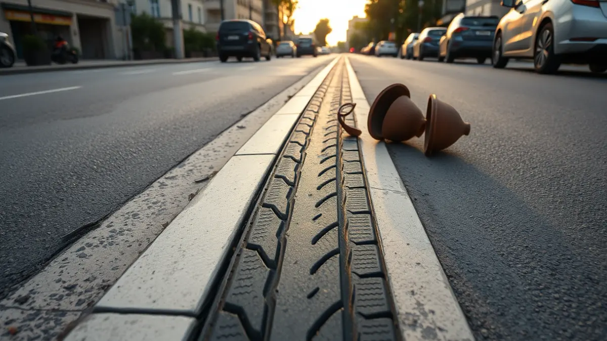 Image of a tire mark on a median with broken pots, after a traffic accident.