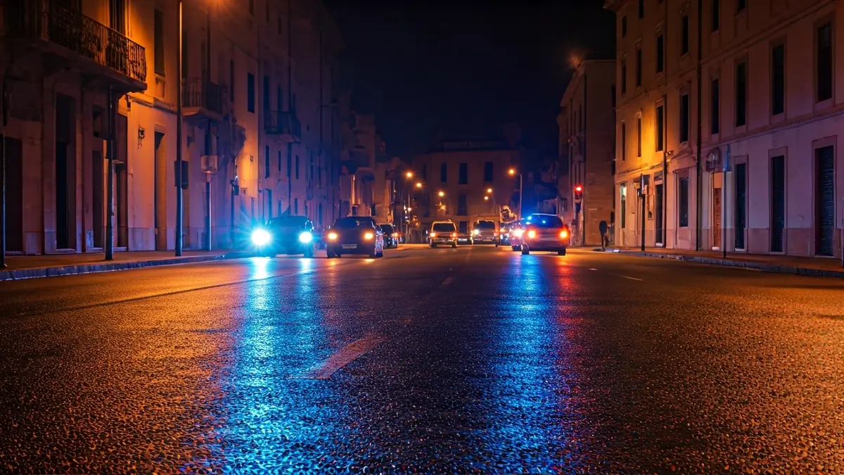 Imagen genérica de luces de emergencia reflejándose sobre asfalto mojado en un entorno urbano mediterráneo.
