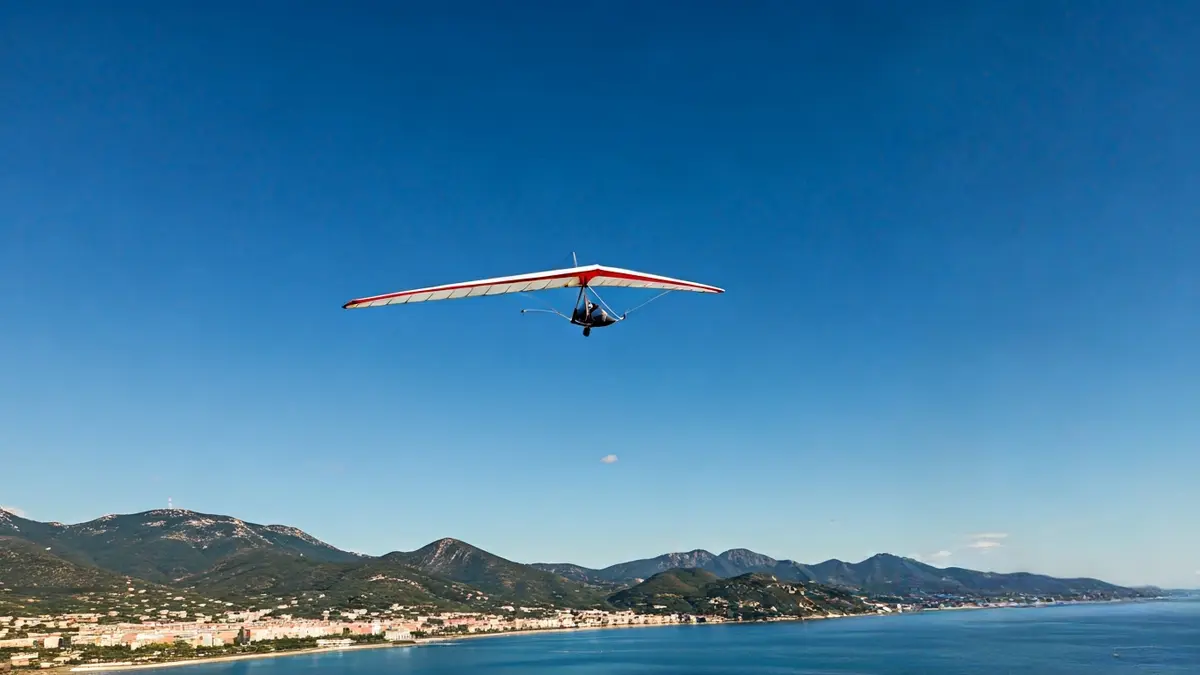 Imatge d'un ala delta volant sobre un paisatge mediterrani.