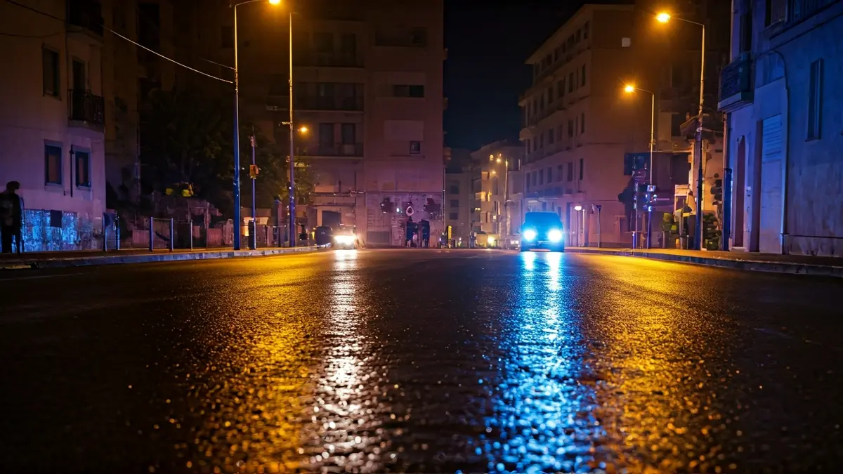 Imatge genèrica de llums d'emergència reflectint-se en l'asfalt mullat de nit, sense vehicles visibles.