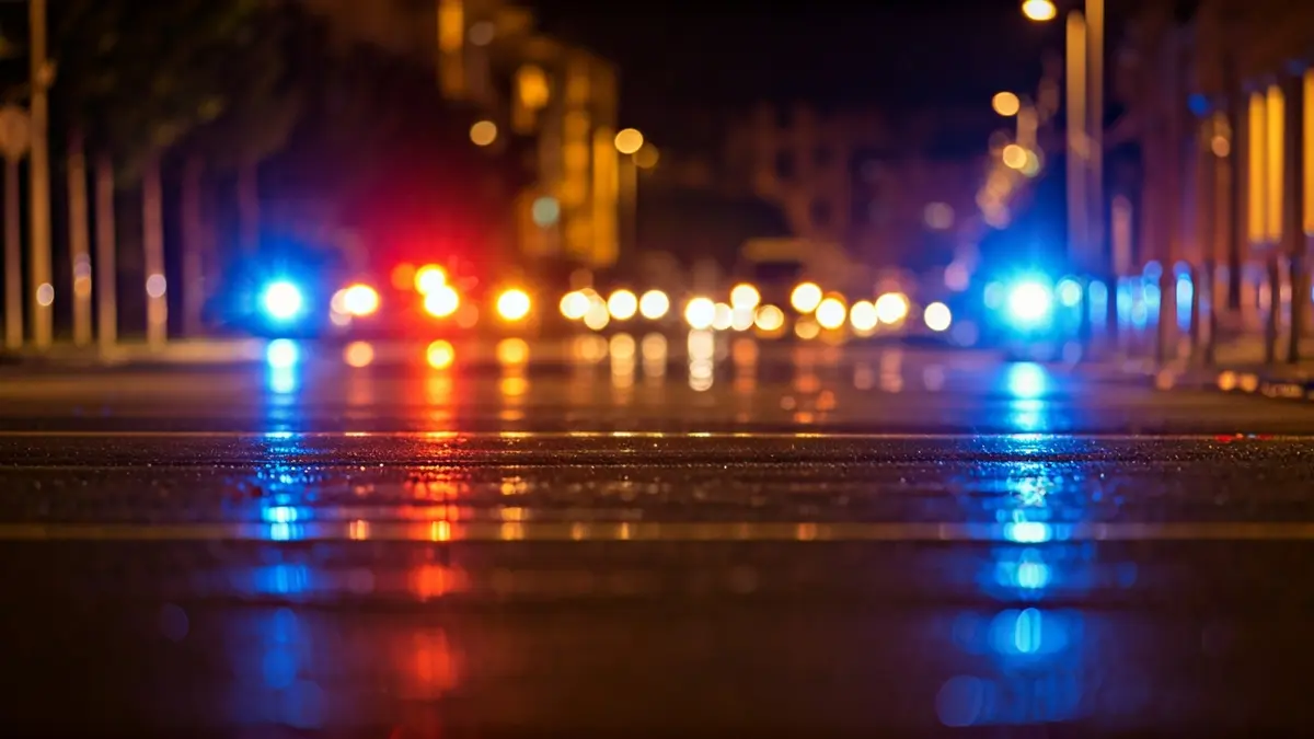 Generic image of emergency lights reflecting on wet asphalt at night.