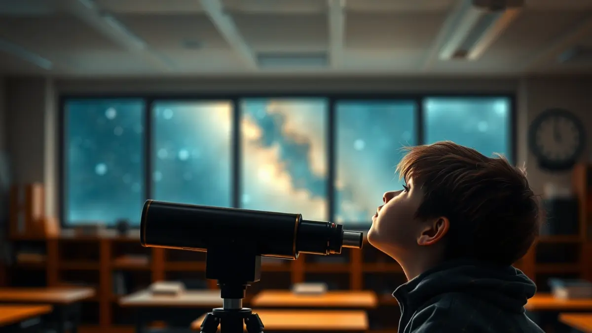 Imagen genérica de una joven estudiante mirando a través de un telescopio, simbolizando la ambición científica y la exploración espacial.