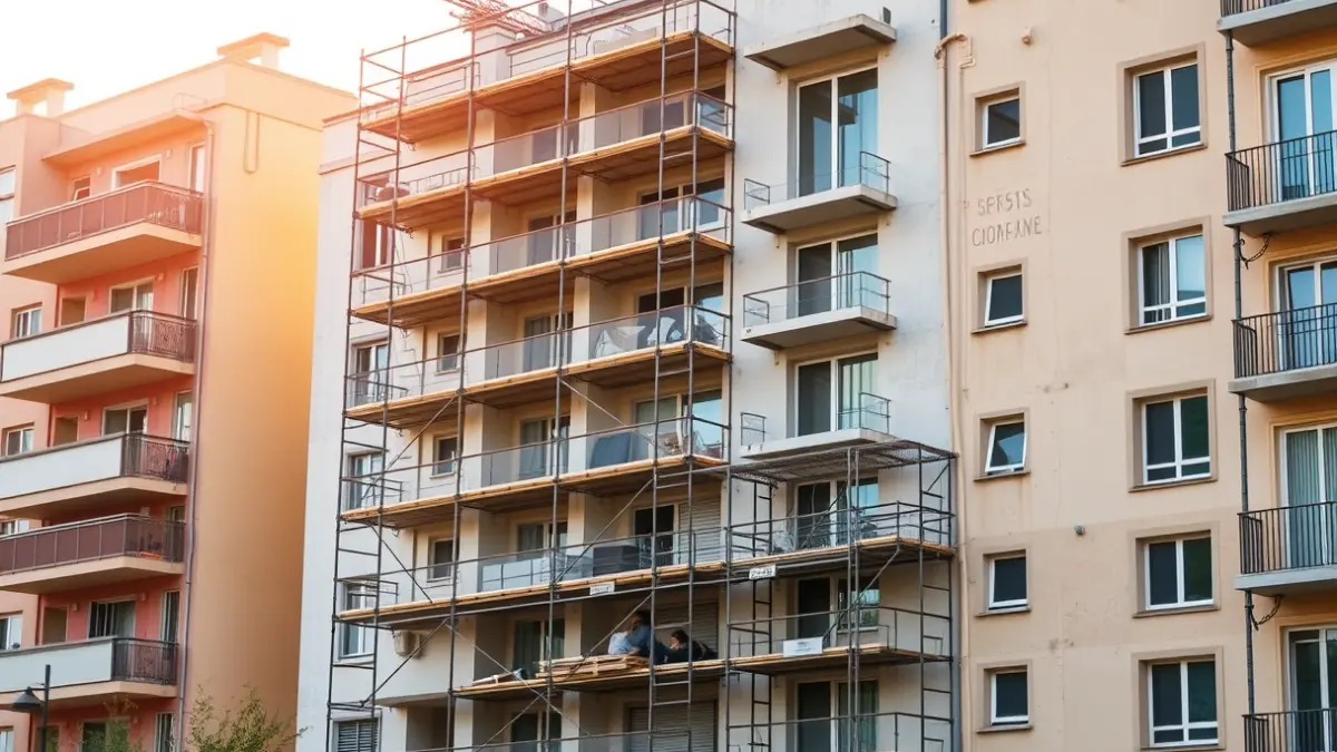 Image of a residential building under construction in a Mediterranean city, with scaffolding and finished sections, under the afternoon sun.