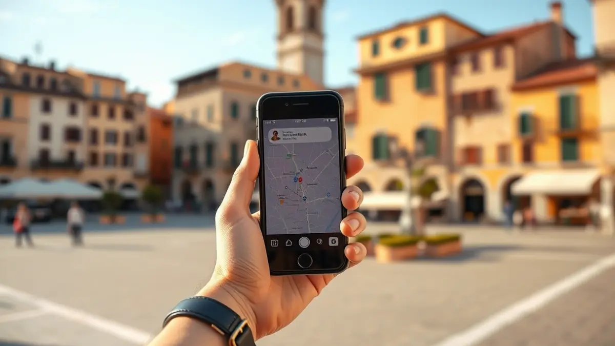 Imatge d'una mà amb un telèfon intel·ligent mostrant una aplicació de viatges, amb el fons desenfocat d'una plaça de ciutat mediterrània amb edificis històrics i un campanar.
