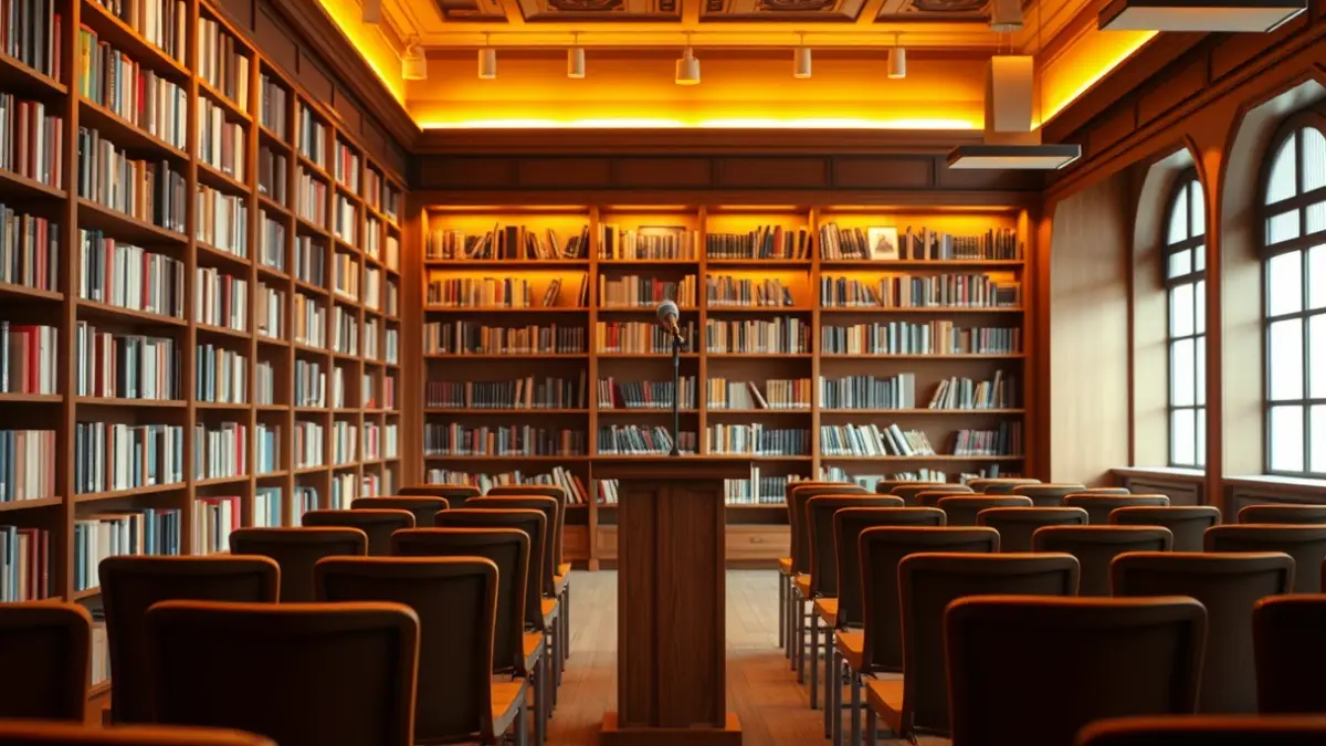 Generic image of a book presentation in a library, with a microphone on a podium and empty chairs.