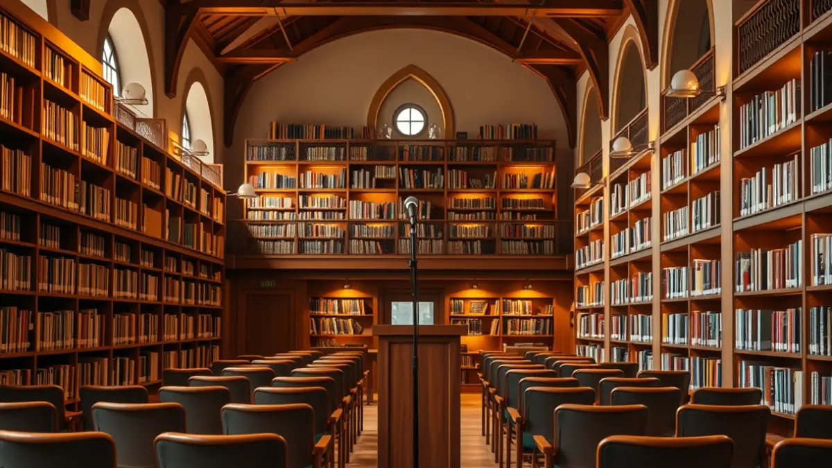 Imagen genérica de una sala de presentaciones literarias con estanterías de madera y un atril con micrófono.