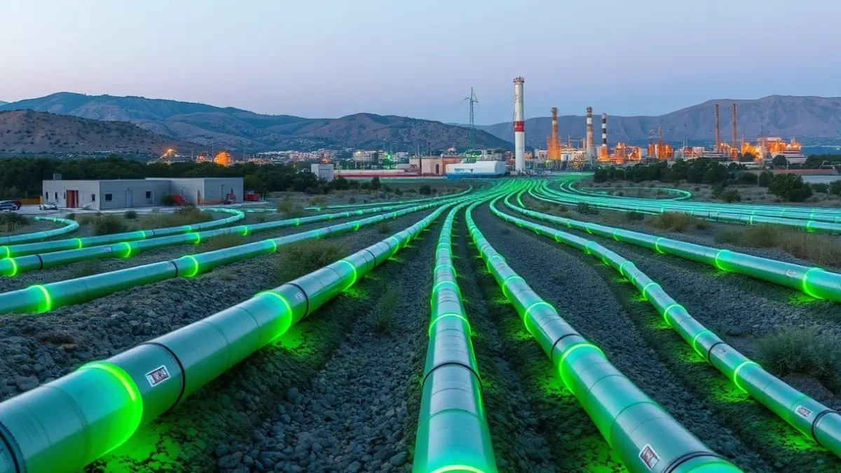 Imagen de una red de tuberías subterráneas que distribuyen hidrógeno verde hacia edificios industriales.