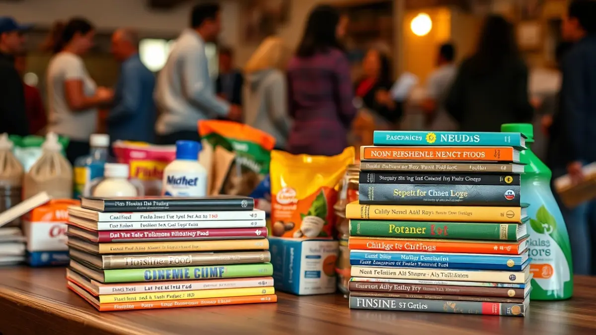 Imagen genérica de libros apilados junto a alimentos y productos de higiene, simbolizando la campaña solidaria.