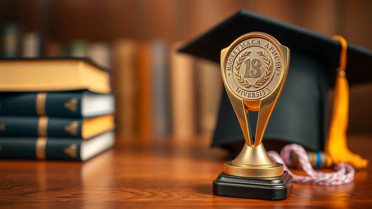 Imatge genèrica d'un trofeu o medalla esportiva universitària sobre un escritori de fusta, amb llibres acadèmics i un birret de graduació desenfocats al fons.