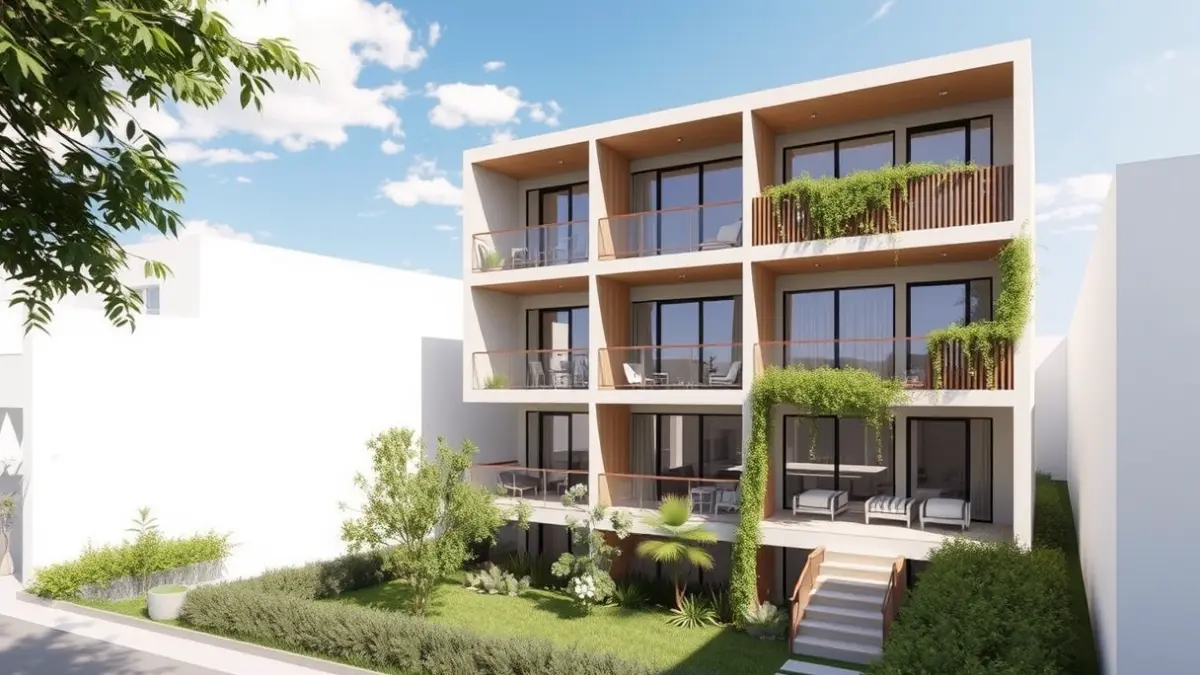 Imatge d'un projecte arquitectònic per a un edifici de vivendes de lloguer assequible en un entorn urbà mediterrani.