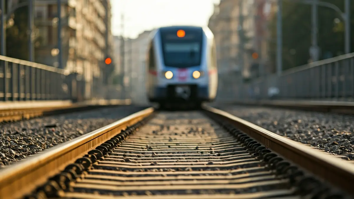 Imatge genèrica d'una via de tren amb un tren de Metrovalencia desenfocat al fons.