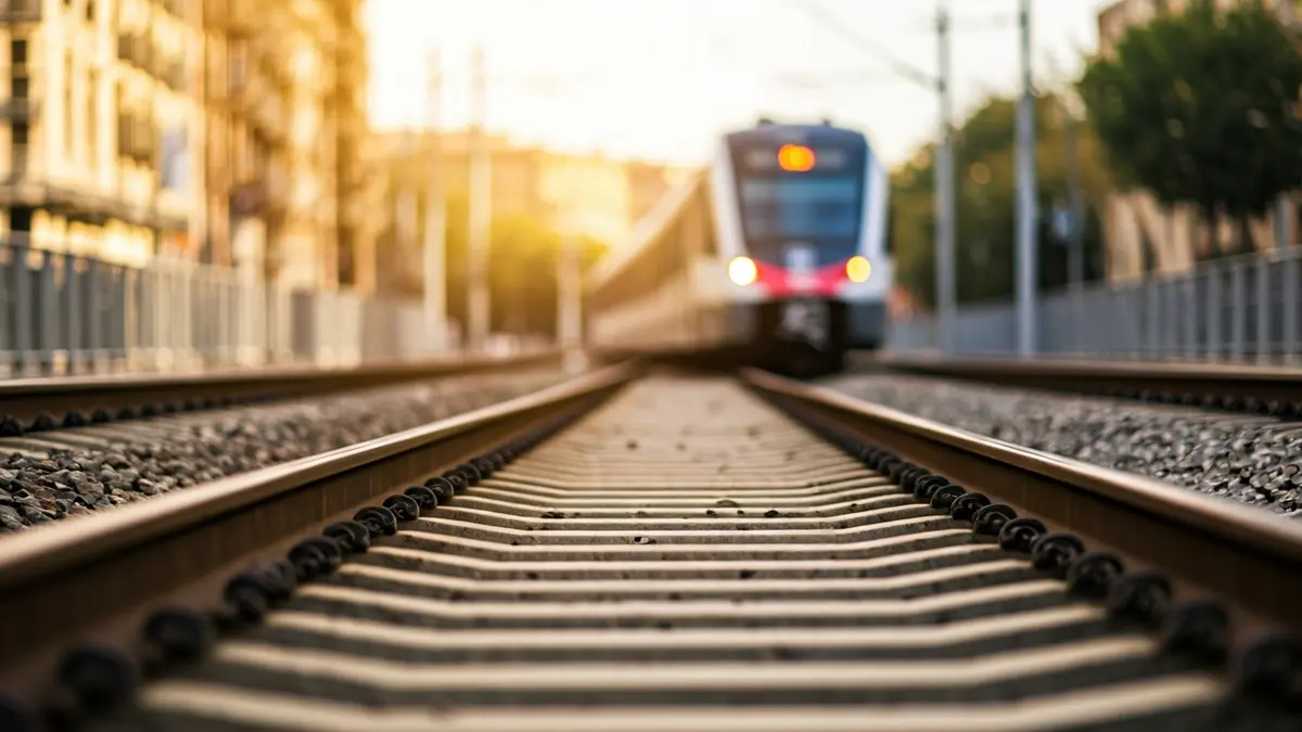 Generic image of a train track with a blurred Metrovalencia train in the background.