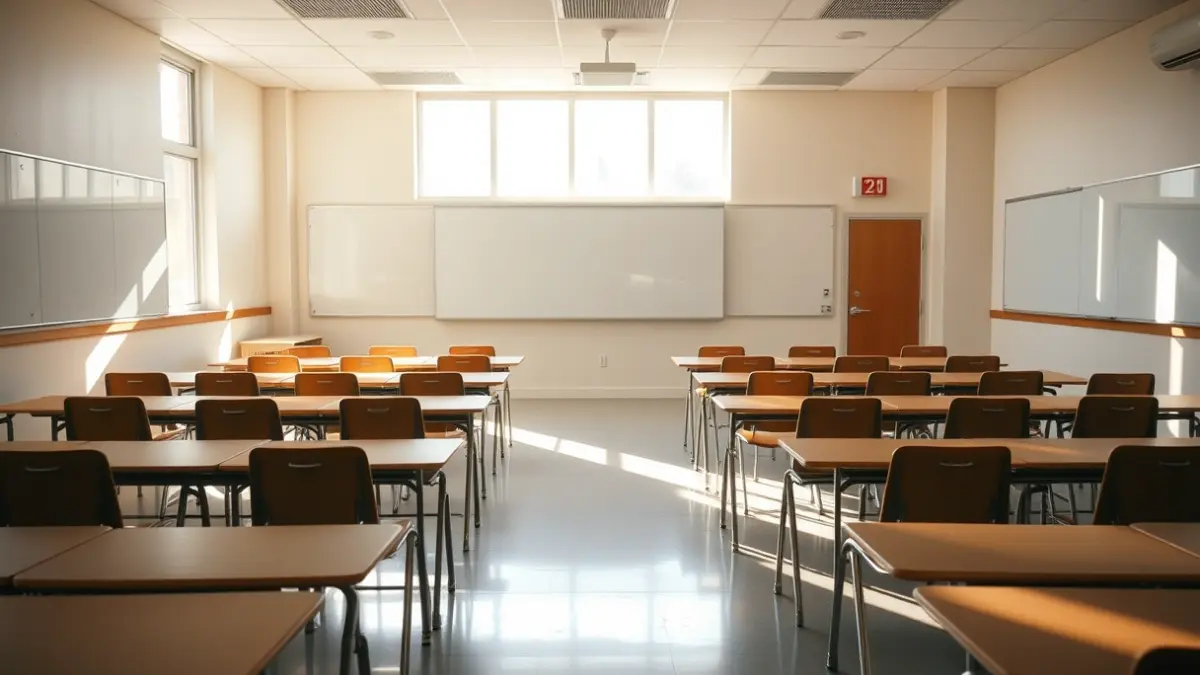 Imagen genérica de un aula vacía, con pupitres y sillas, y una pizarra al fondo.