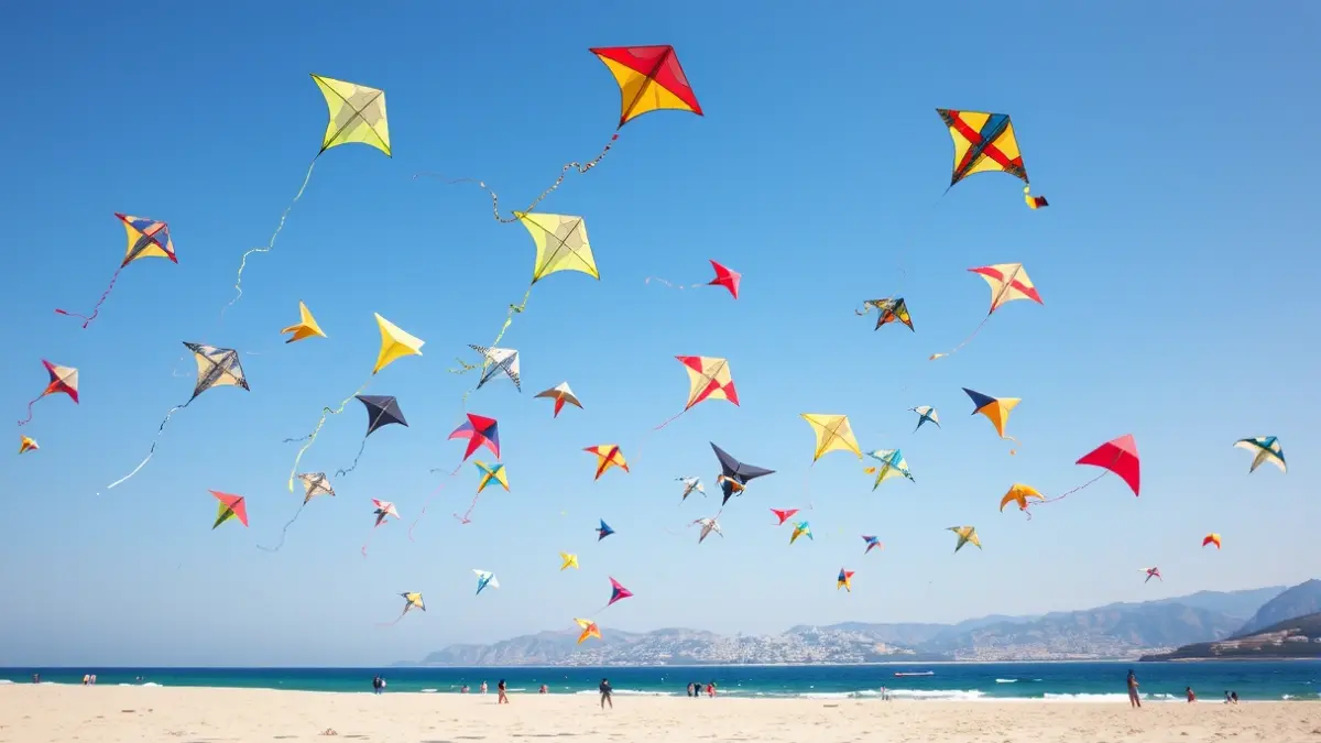 Generic image of colorful kites flying on a beach in the Valencian Community.