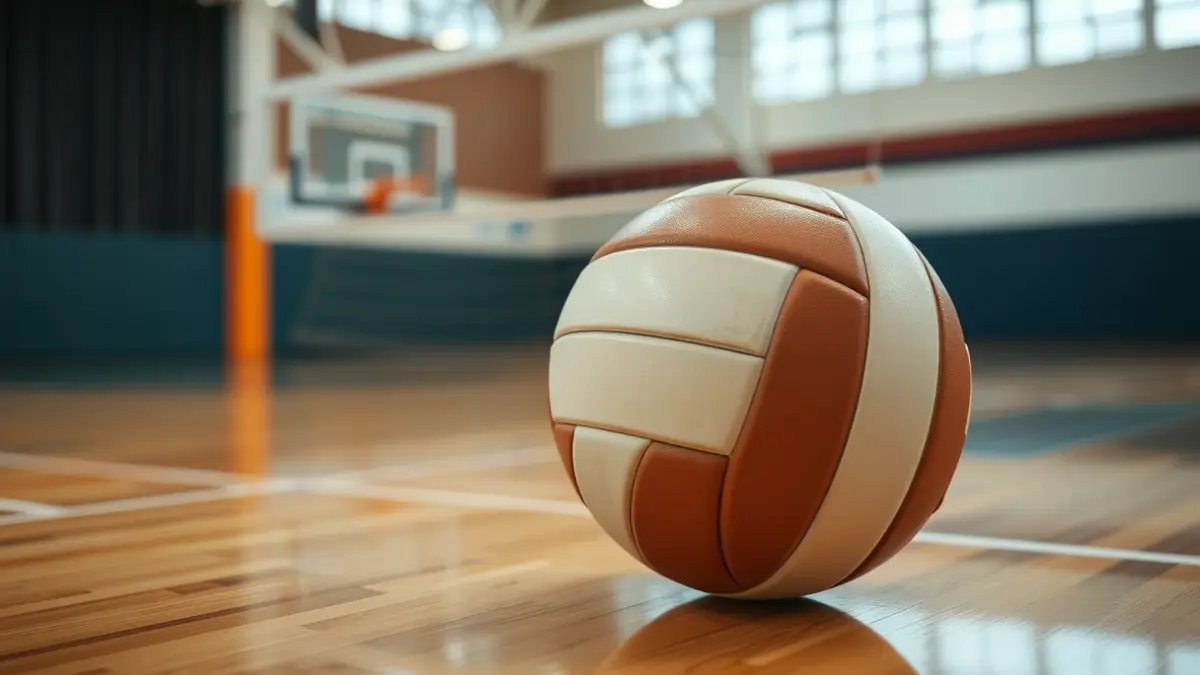 Imagen genérica de un balón de voleibol en una cancha, con la red desenfocada al fondo.