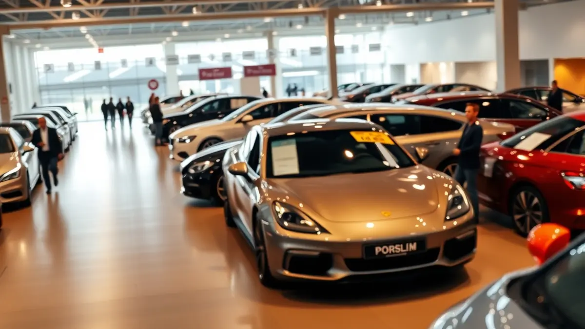 Generic image of a used car fair with cars on display in a pavilion.
