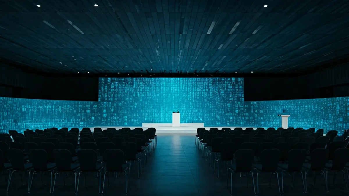 Imatge genèrica d'una sala de conferències moderna amb una pantalla gran i cadires buides, suggerint un esdeveniment tecnològic.